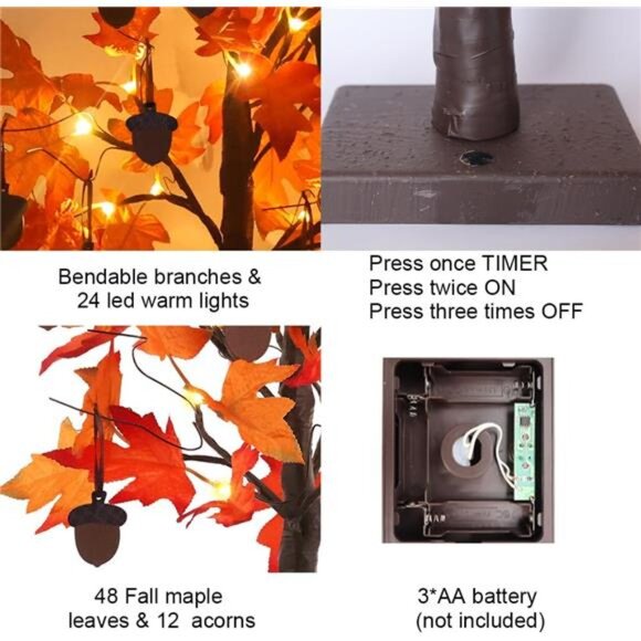 Fall Decorations for Home, 24”/2FT Lighted Fall Maple Leaves Tree with 24LT Warm - Picture 4 of 8